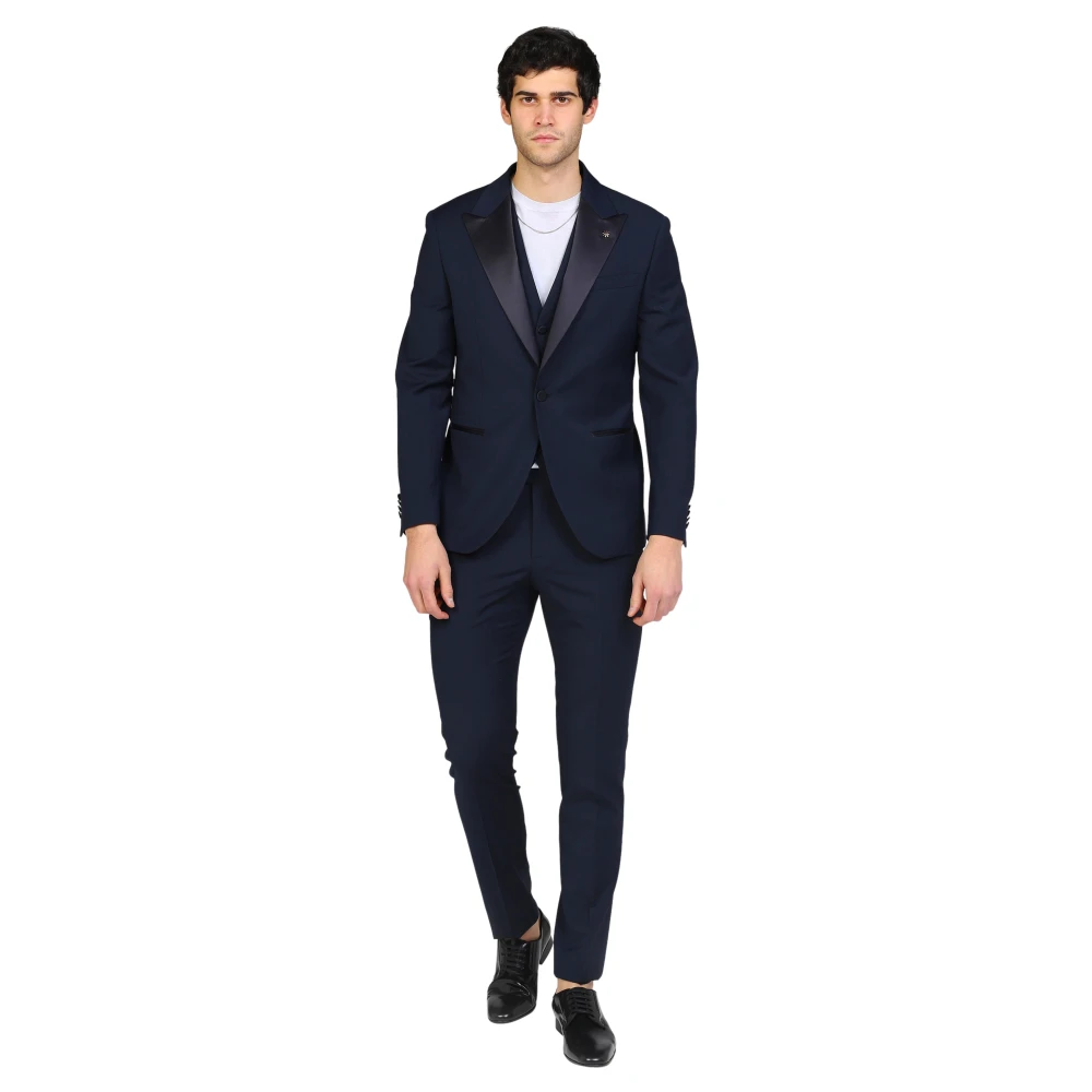 Manuel Ritz Mannelijk Blauw Kostuums Heren, 2XL, Satijn, Zwarte Satijnen Sigarettenbroek En Jasje Met Twee Knopen