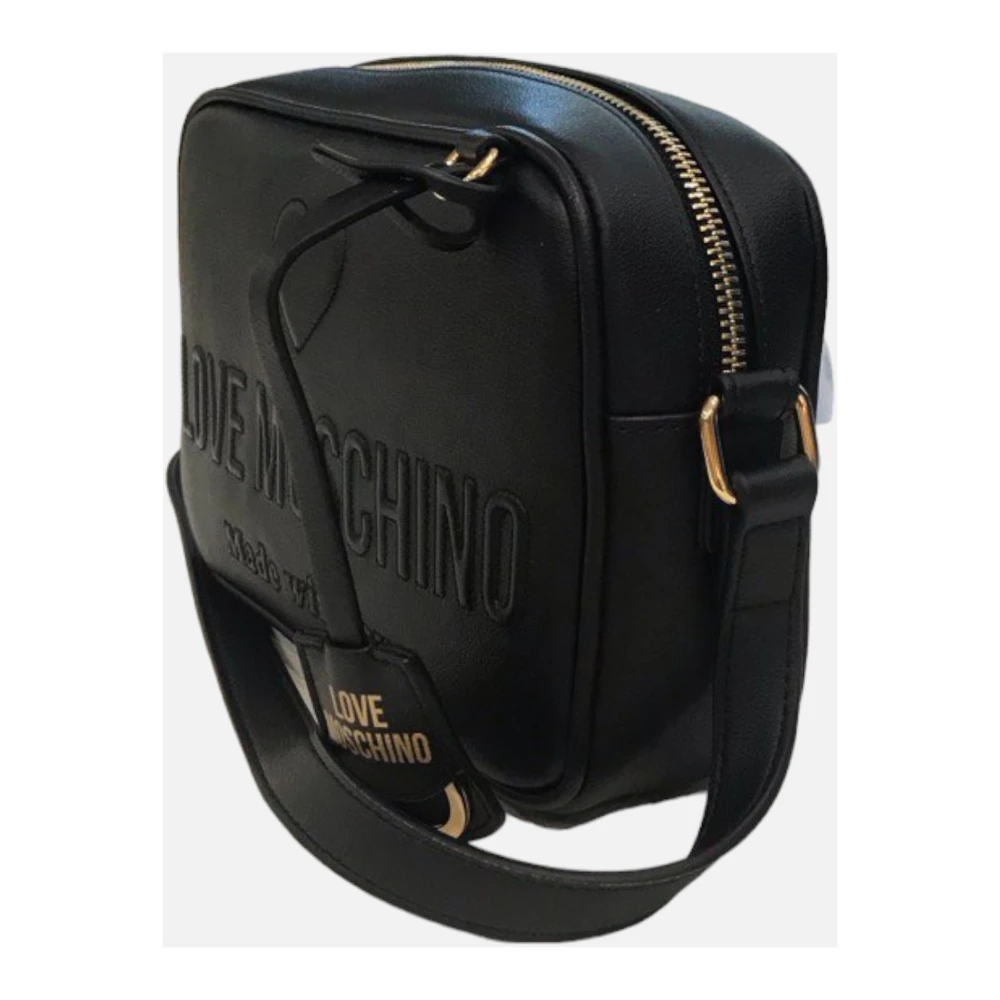 Love Moschino Zwarte leren schoudertas met reliëf logoprint Black Dames