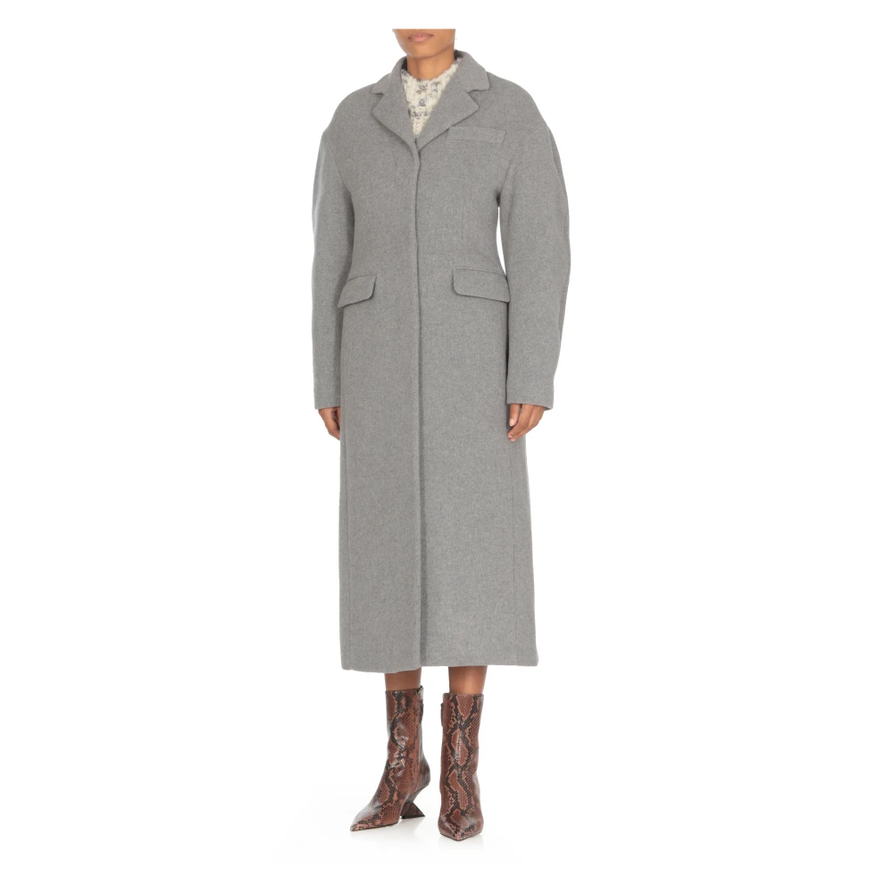 Msgm Grijze Wollen Jas Peak Revers Gray Dames