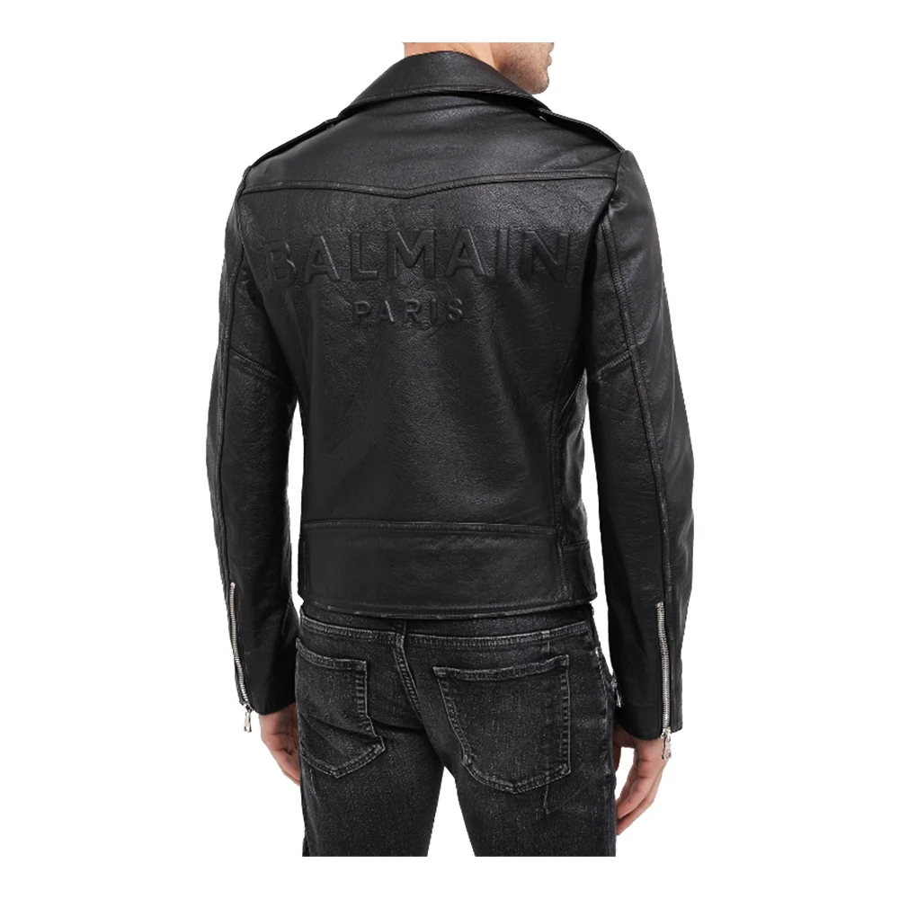 Balmain Leren jas met ritssluiting Black Heren