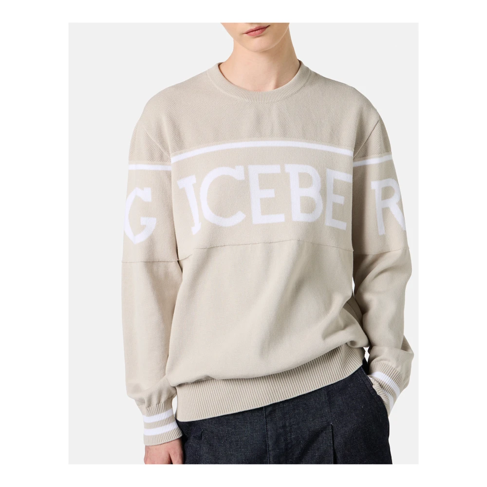 Iceberg Ijskleurige carry-over ronde hals in katoen met jacquard logostreep Beige Dames
