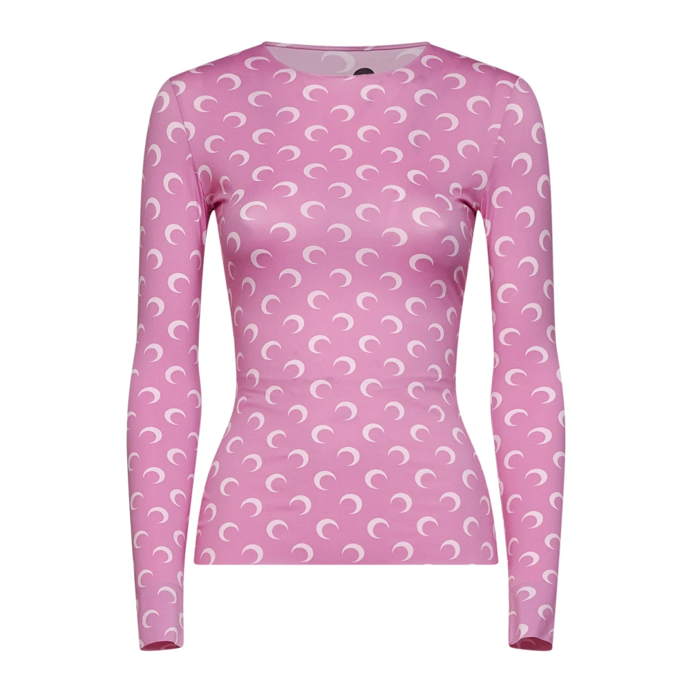 Marine Serre Women's Pink Moon Printed Jersey Long-Sleeve Crewneck Top - Long Sleeve T-Shirts - L - Tops