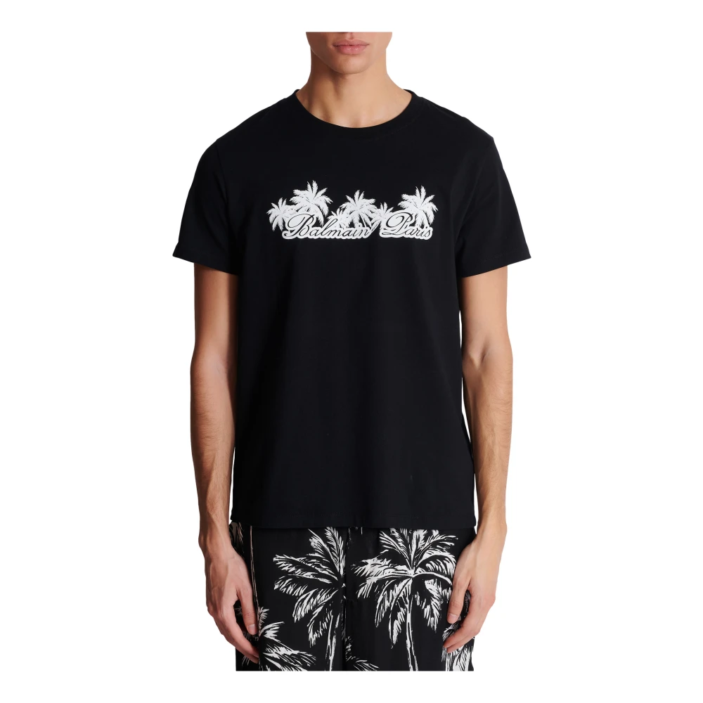 Balmain T-shirt met palmboom handtekeningprint Black Heren