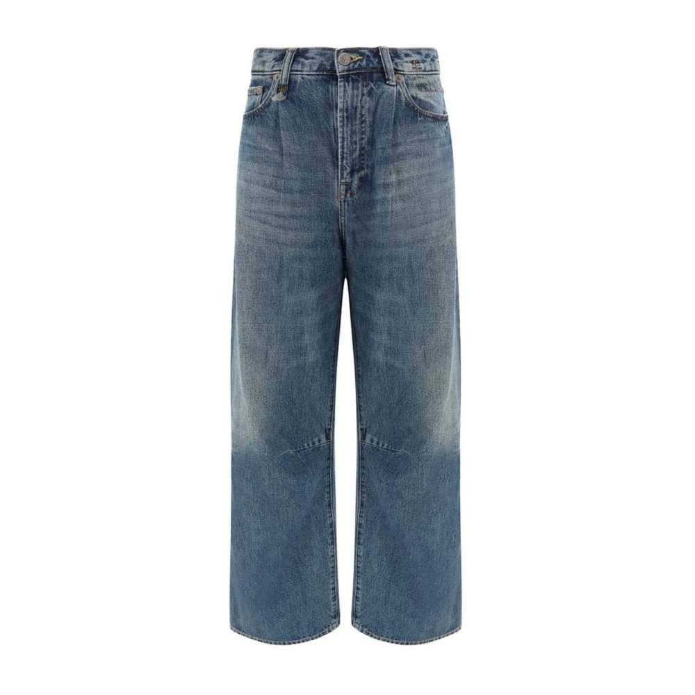R13 Wijde katoenen jeans met leren patch Blue Dames