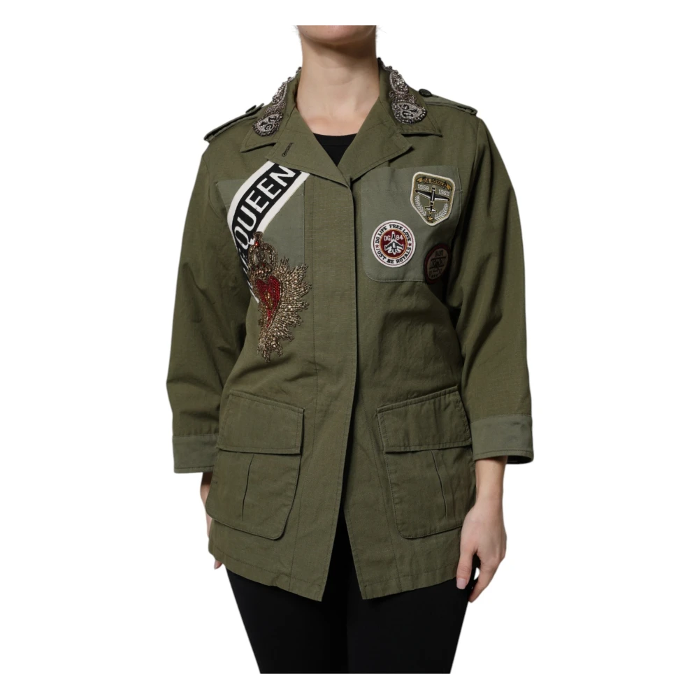 Dolce & Gabbana Women's Green Military Queen Embellished Coat Jacket - Light Jackets - S - Jackets