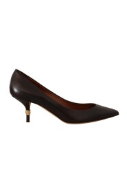 Brown Leather Kitten Mid Heels Pumps Shoes