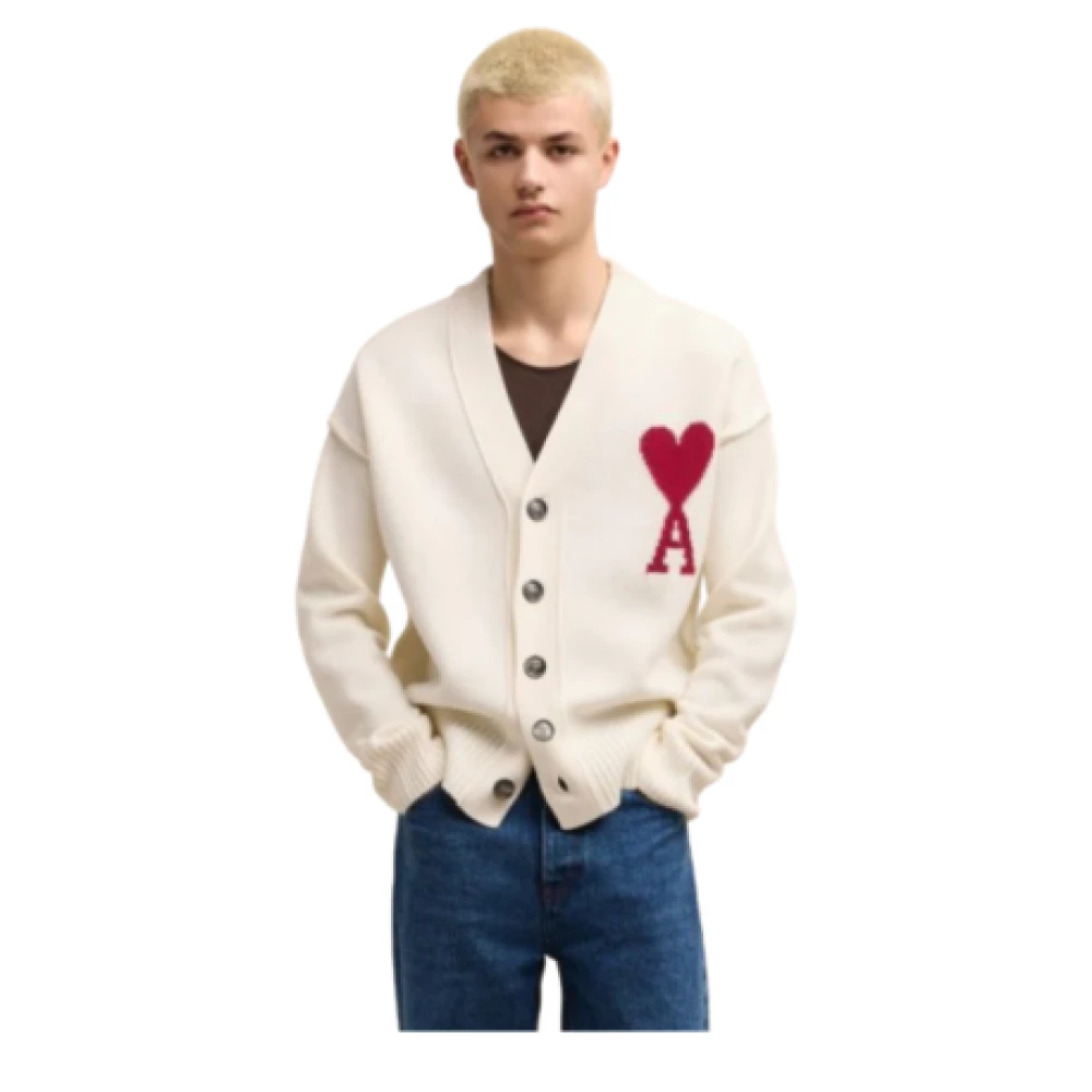 Ami Paris Merino Wol Cardigan met Hart Logo Beige Heren