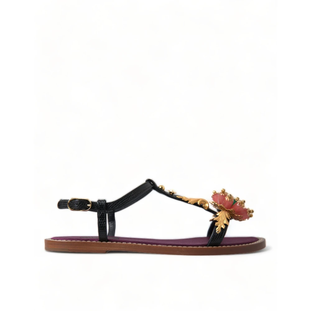 Dolce & Gabbana Women's Black Flat Sandals, 3 Uk, Elegant Flat Sandals With Crystal Embellishments