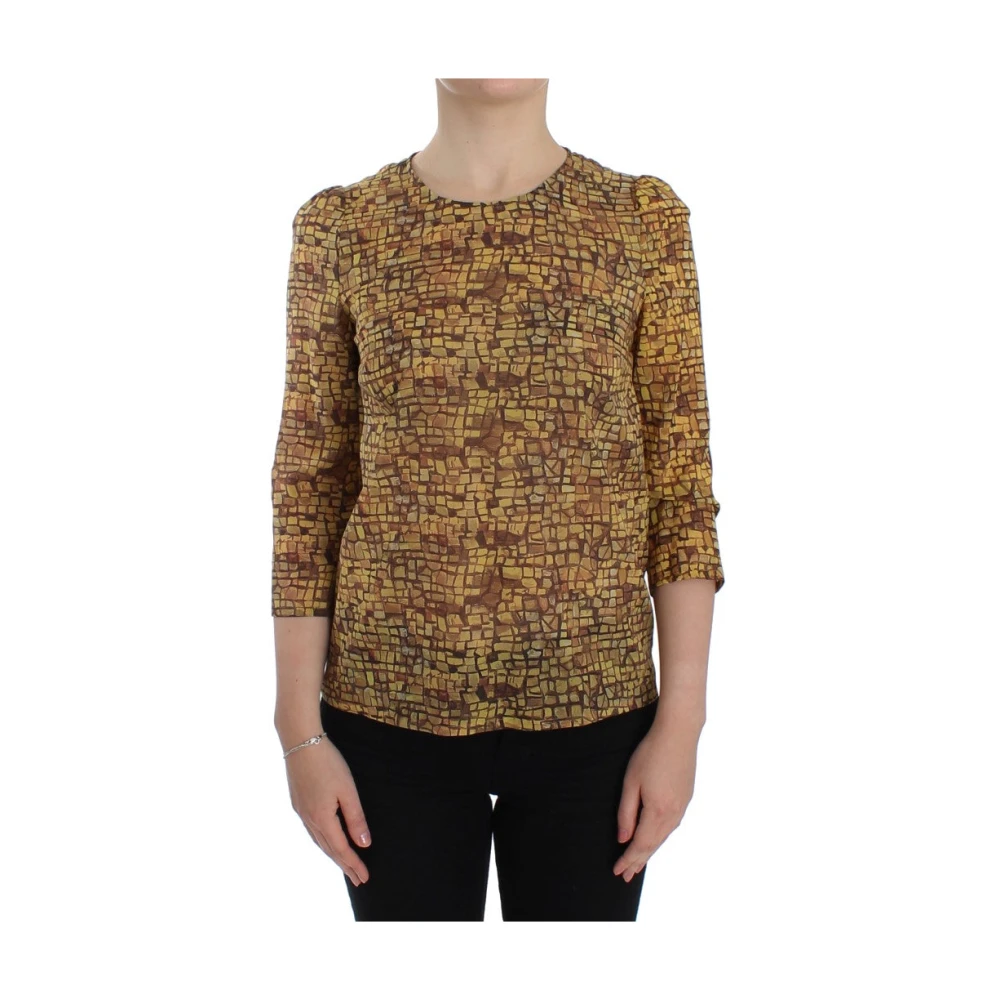 Dolce & Gabbana Women's Brown Multicolor Mosaic Print Silk Blouse T-Shirt