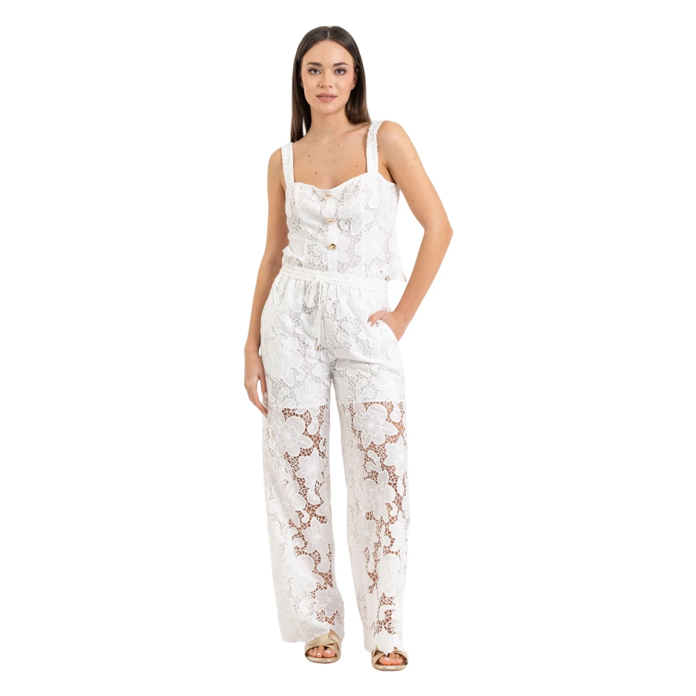 Kocca Vrouw Wit Broeken Dames, Xs, Satijn, Floral Macramé Lace Palazzo Broek