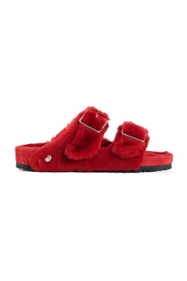 red-shearling-buckle-sandals