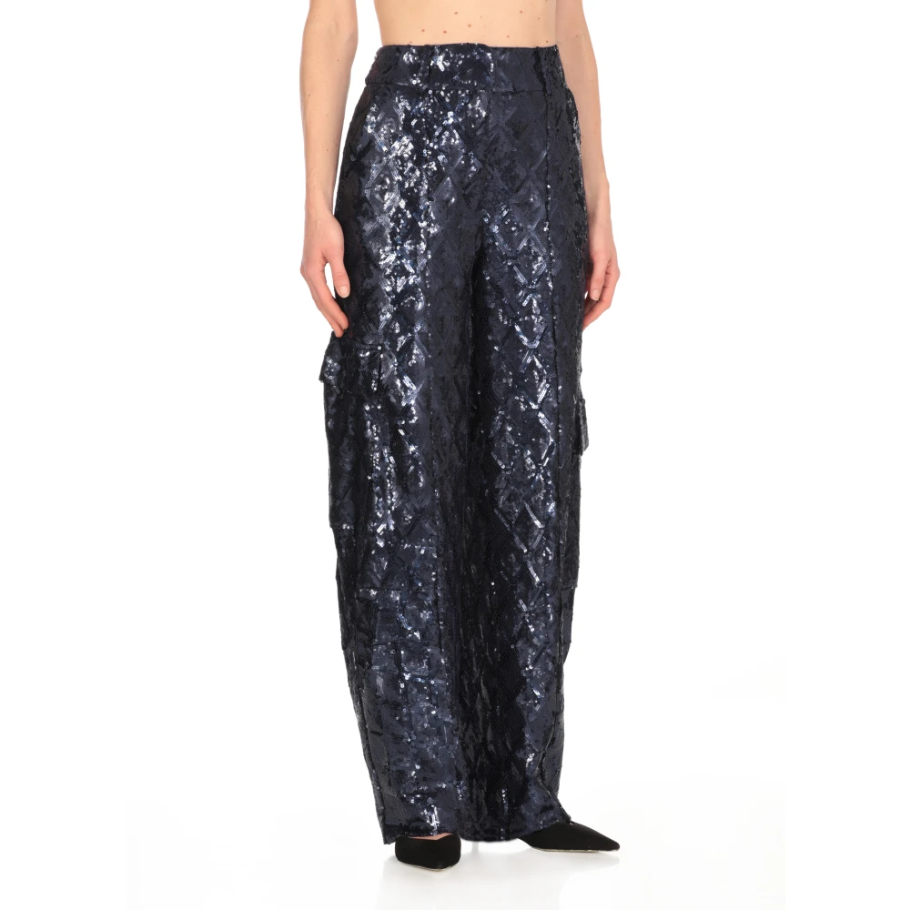 Rotate Birger Christensen Blauwe Paillettenbroek met riemlussen Blue Dames
