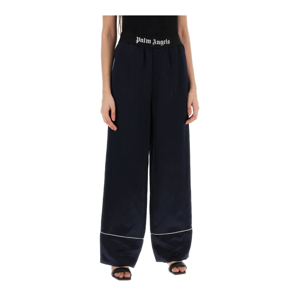 Palm Angels Satijnen Pyjamabroek met Contrasterende Piping Blue Dames