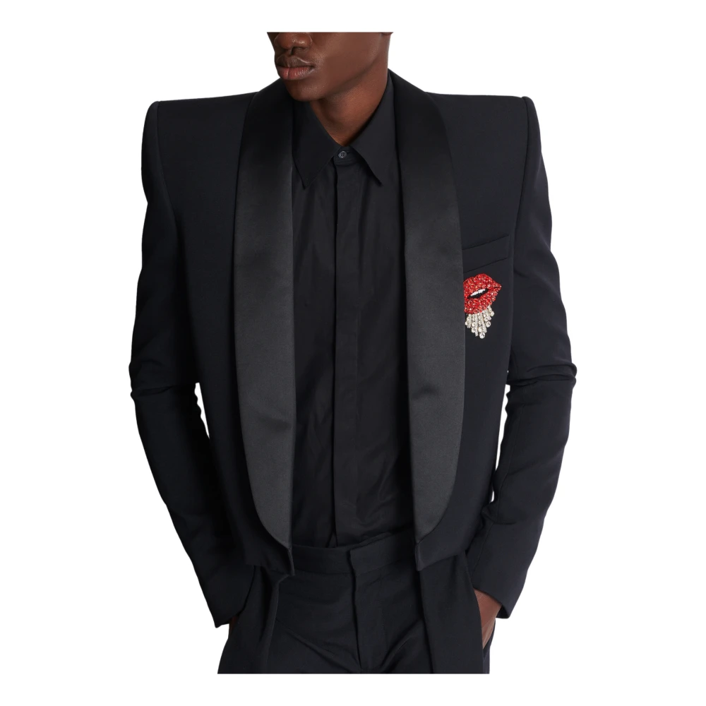 Balmain Geknipte graan de poudre jas met geborduurd embleem Black Heren