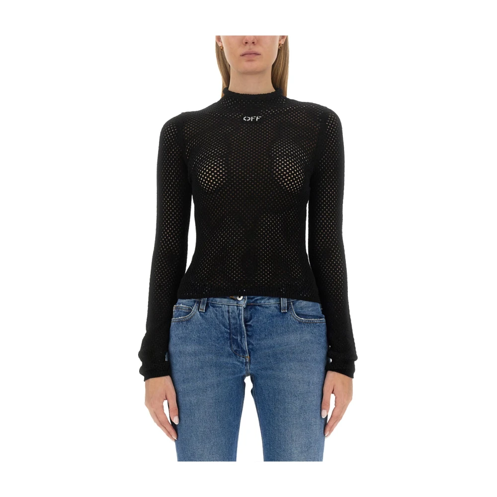 Off White Mesh Stijl Lange Mouw Top Black Dames