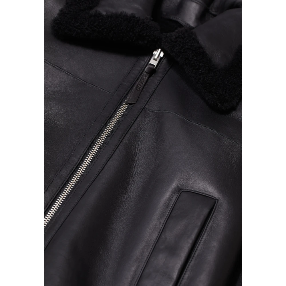 closed Aviator Style Schapenleren Jas met Zijzakken en Ritssluiting Black Dames