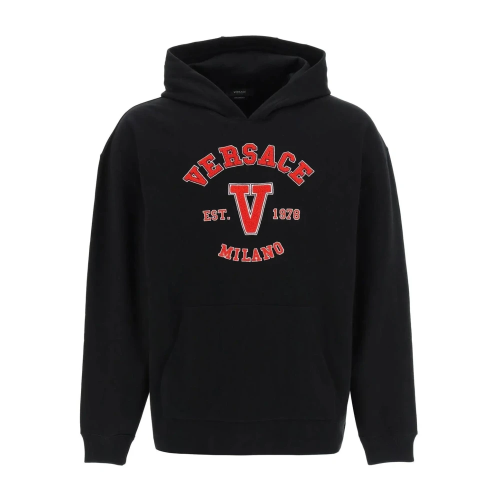 Versace Men's Black Hoodies,, Hooded Sweatshirt With Kangaroo Pocket Medium