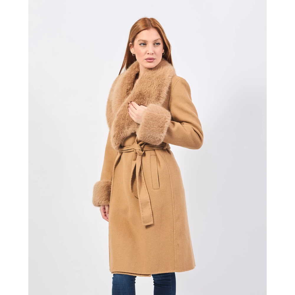 Fracomina Beige Lange Wollen Jas met Shawl Kraag Beige Dames