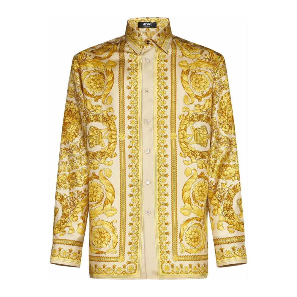 Versace Barocco Print Zijden Satijnen Overhemden Beige Heren