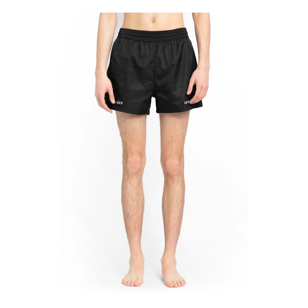 Off White Zwarte Stempel Zwemshorts Elastische Taille Black Heren