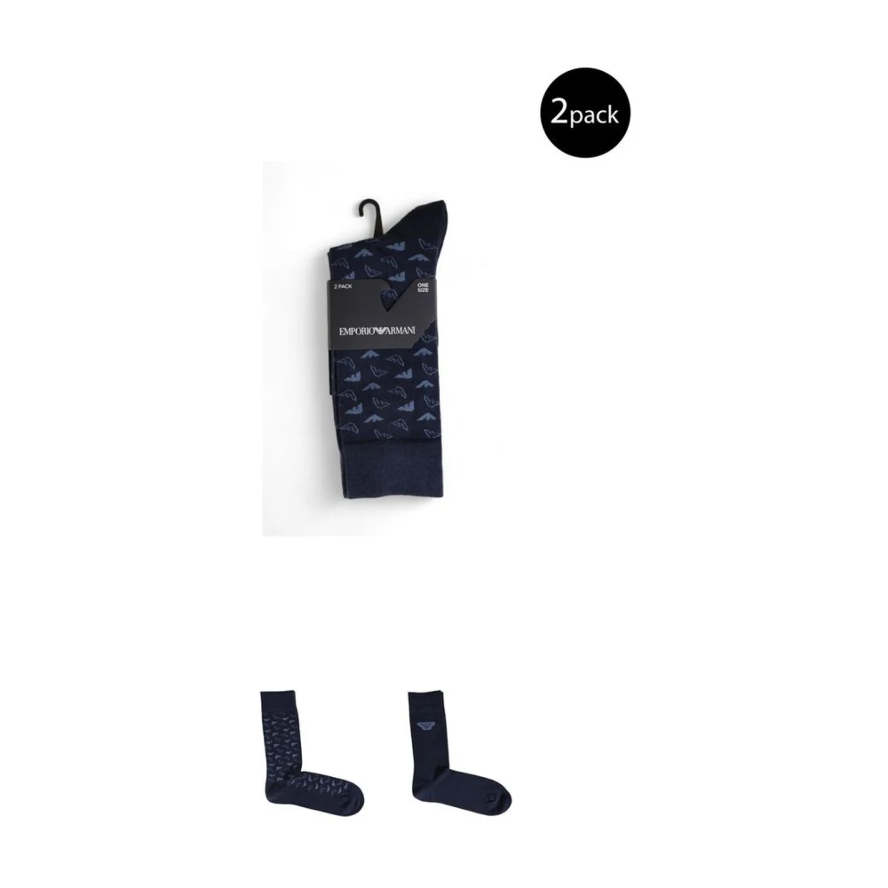 Emporio Armani Blauwe Katoenen Crew Sokken Logo Print Blue Heren