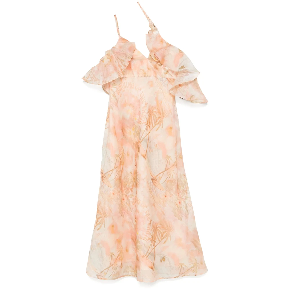Zimmermann Women's Beige Midi Dresses, S, Ruffled Ecru Dress With Adjustable Straps