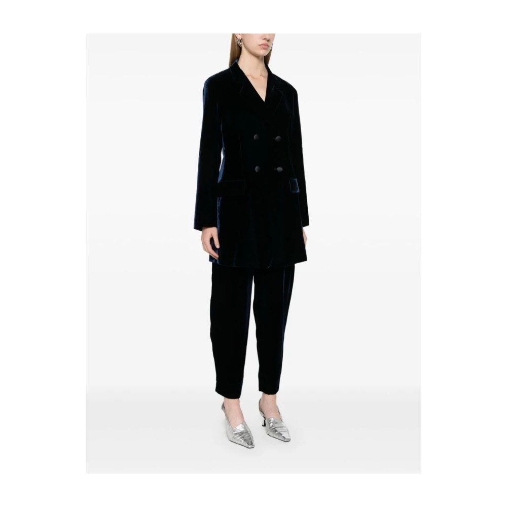 Emporio Armani Blauw Fluweel Dubbel-Breasted Jas Blue Dames