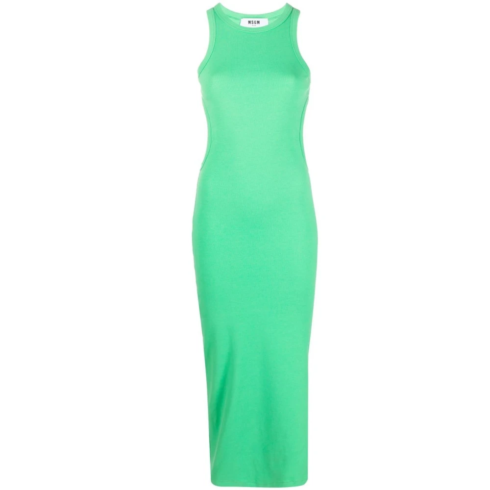 Msgm Women's Green Ribbed Stretch Cotton Midi Sheathe Dress - Midi Dresses - M - Dresses