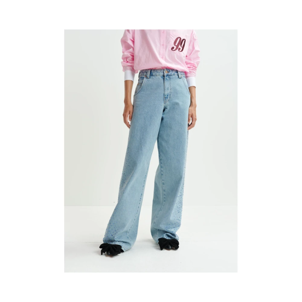 Essentiel Antwerp Hoge taille wijde pijp jeans met strass Blue Dames