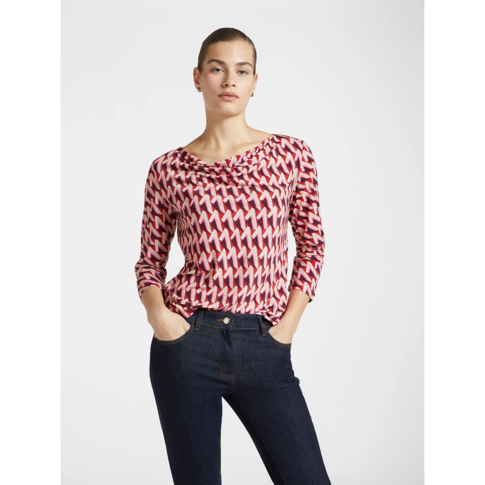 Elena Mirò Bedrukt T-shirt met watervalhalslijn Red Dames