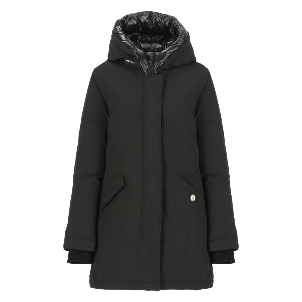 Woolrich Zwarte Parka met Logohood Black Dames