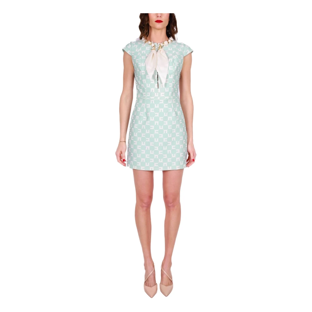 Elisabetta Franchi Groene Logo Print Crepe Mini Jurk Green Dames