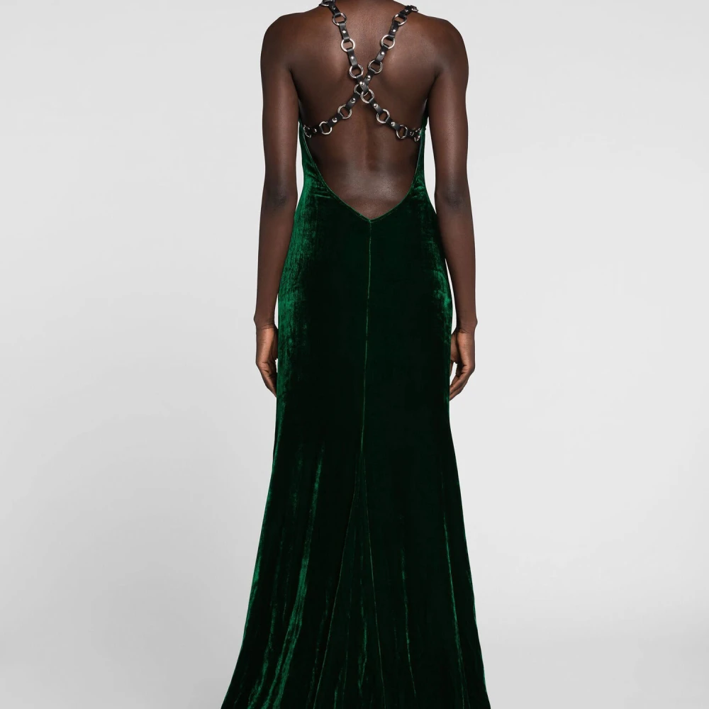 Roberto Cavalli Velvet Maxi Jurk met Leren Bandjes Green Dames