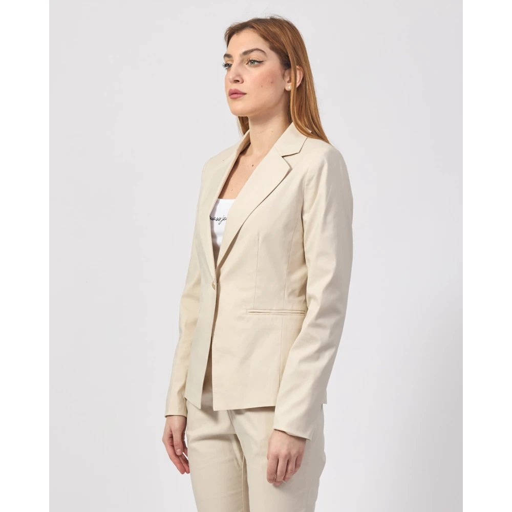 YES ZEE Beige Katoenen Jas met Gouden Knoop Beige Dames