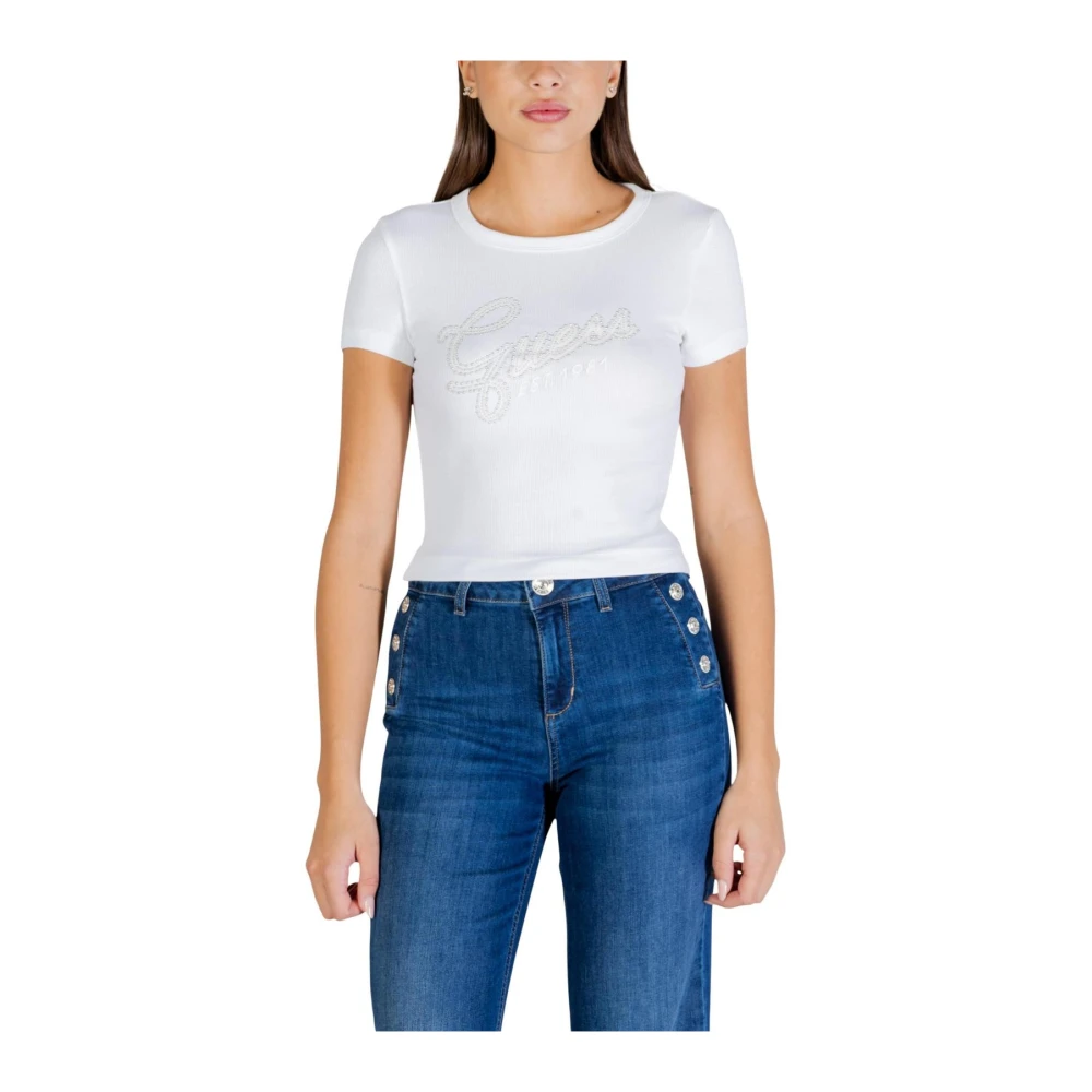 Guess Women's White T-Shirts, Xs, Rhinestone Embellished Printed T-Shirt With Round Neck