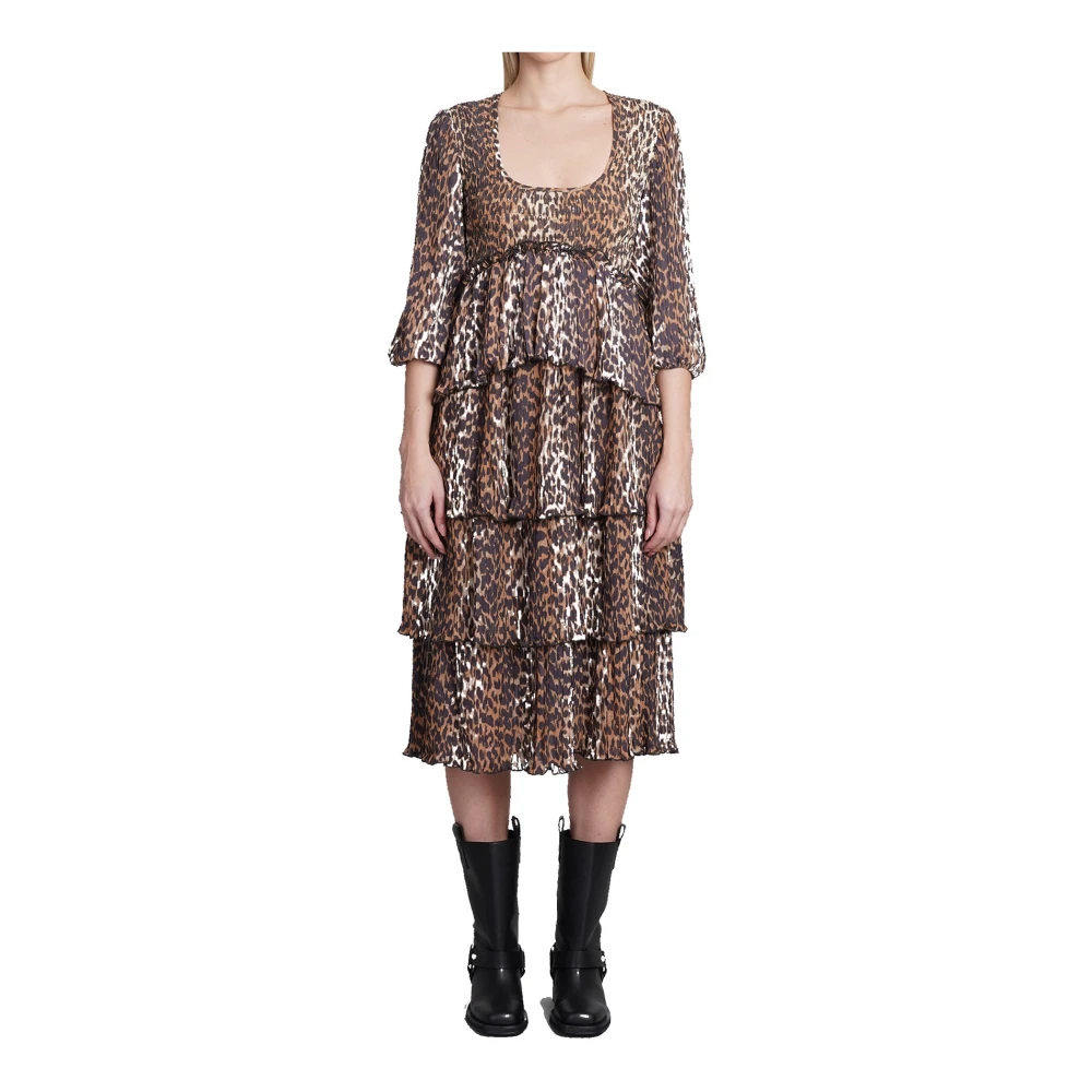 Ganni Luipaard Midi Jurk met Rouches Detail Brown Dames