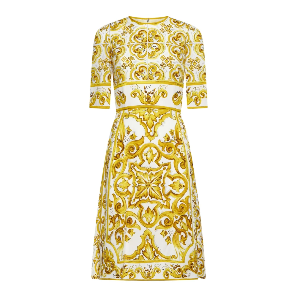 Dolce & Gabbana Majolica-print Charmeuse Midi Klänning Yellow, Dam