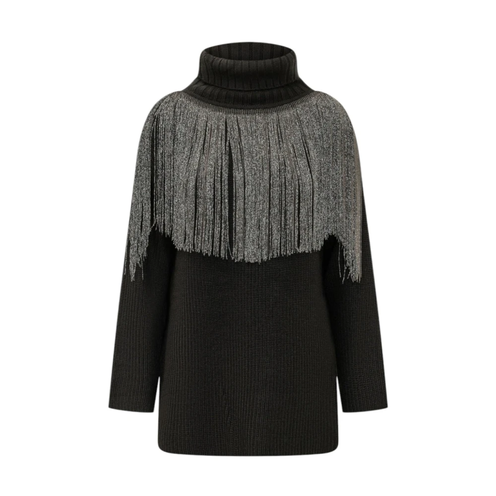 Pinko Oversize Wool-Blend Jumper With Lurex Fringes - Female - Turtlenecks - Black - M - Knitwear - Image 1