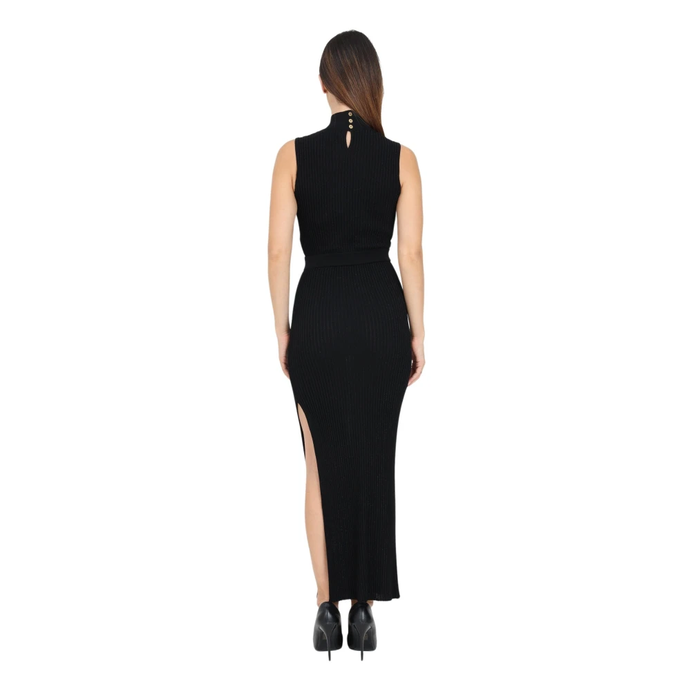 Elisabetta Franchi Zwarte Geribbelde Midi Jurk met Zijsplit Black Dames