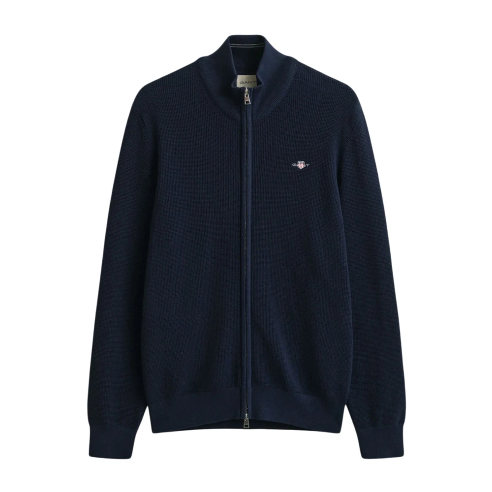 Gant Micro Textured Cotton Zip Cardigan - Male - Cardigans - Blue - 2XL - Knitwear
