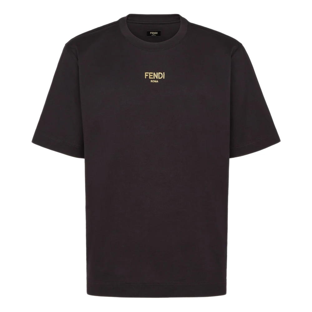 Fendi Zwarte Crew Neck T-shirt met Gouden Glitter Black Heren