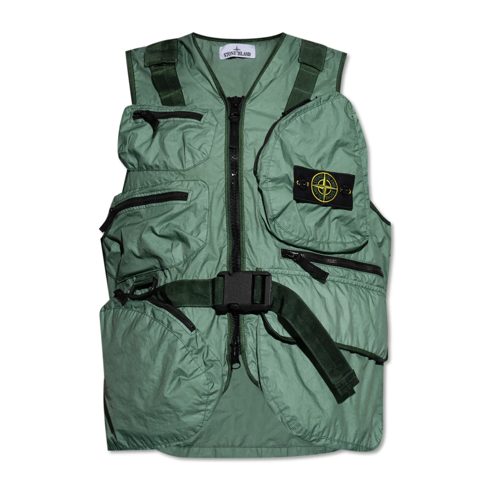Stone Island Green Waistcoats, Male, Xl, Vest With Multiple Pockets
