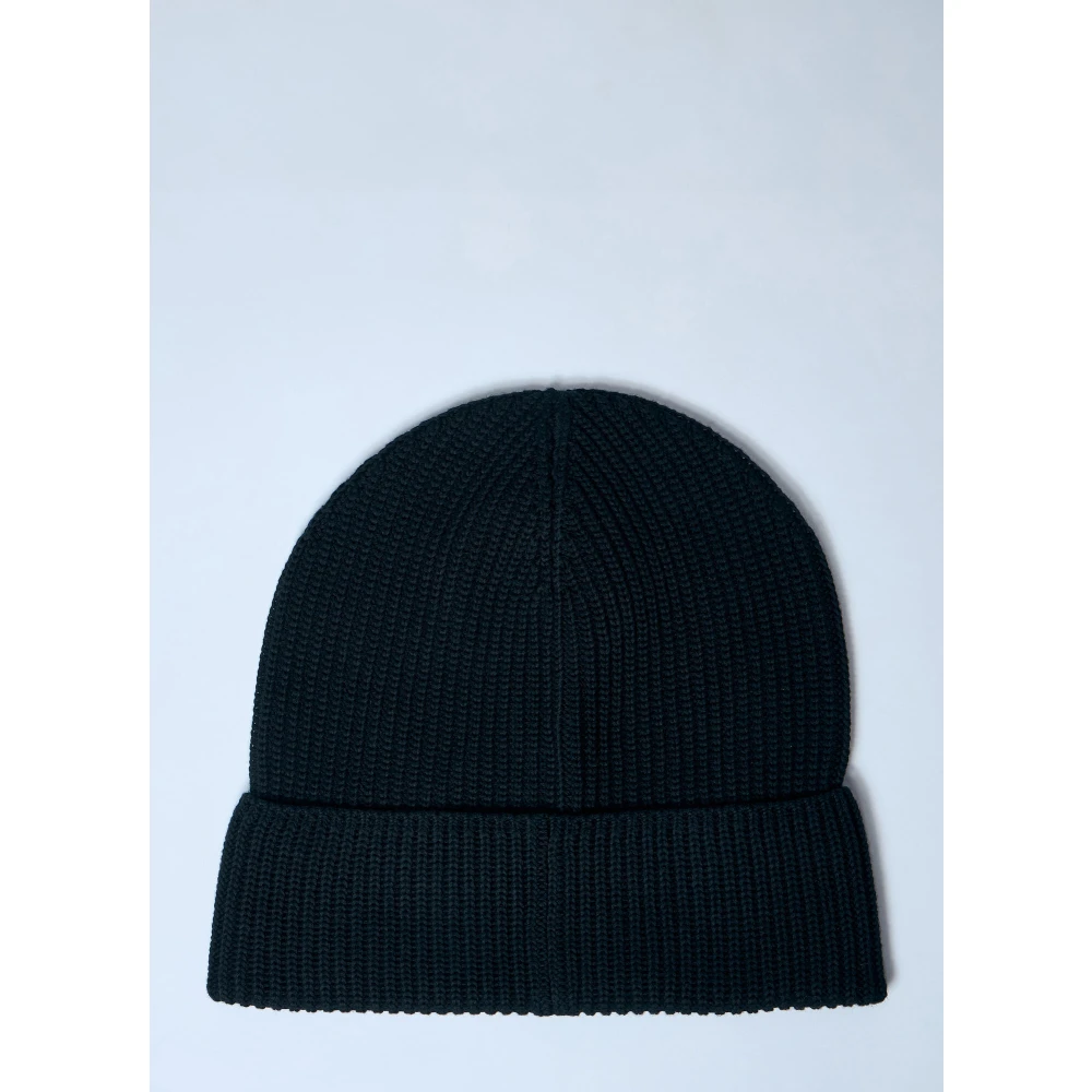 Moncler Logo Patch Beanie Hat van katoenbreisel Black Heren
