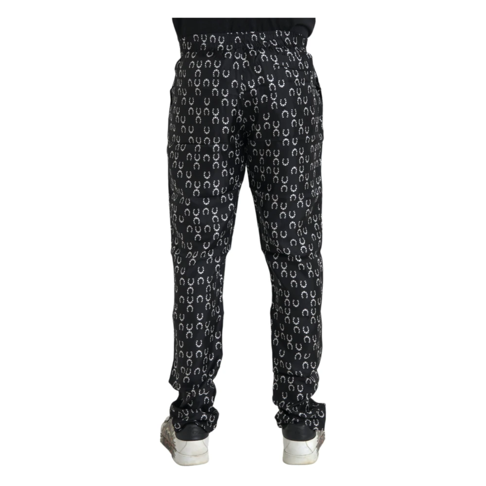 Dolce & Gabbana Zwarte Zijden Hoefijzerprint Broek Black Heren