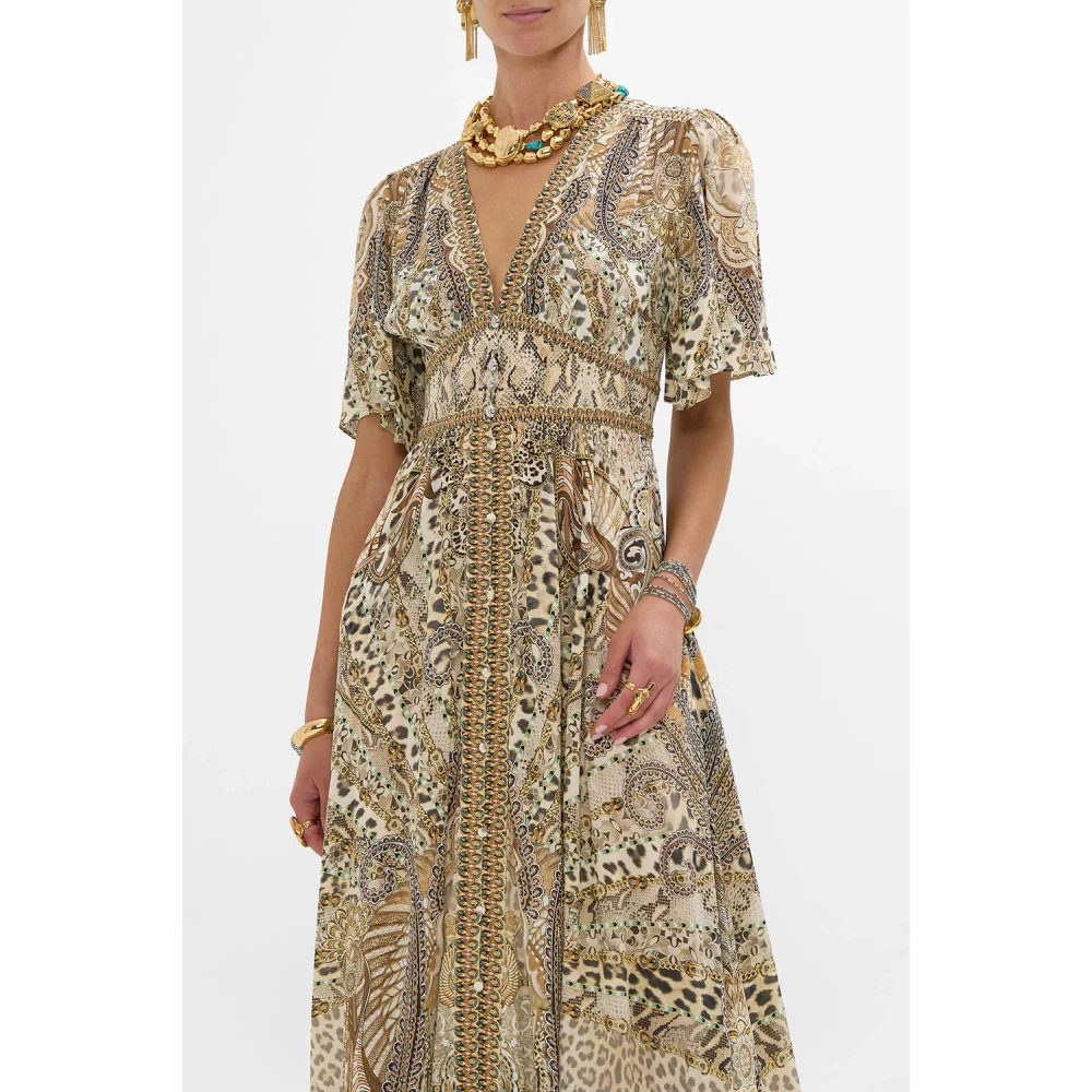 Camilla Zijden jurk met vlindermouwen Majestueuze vleugel Beige Dames