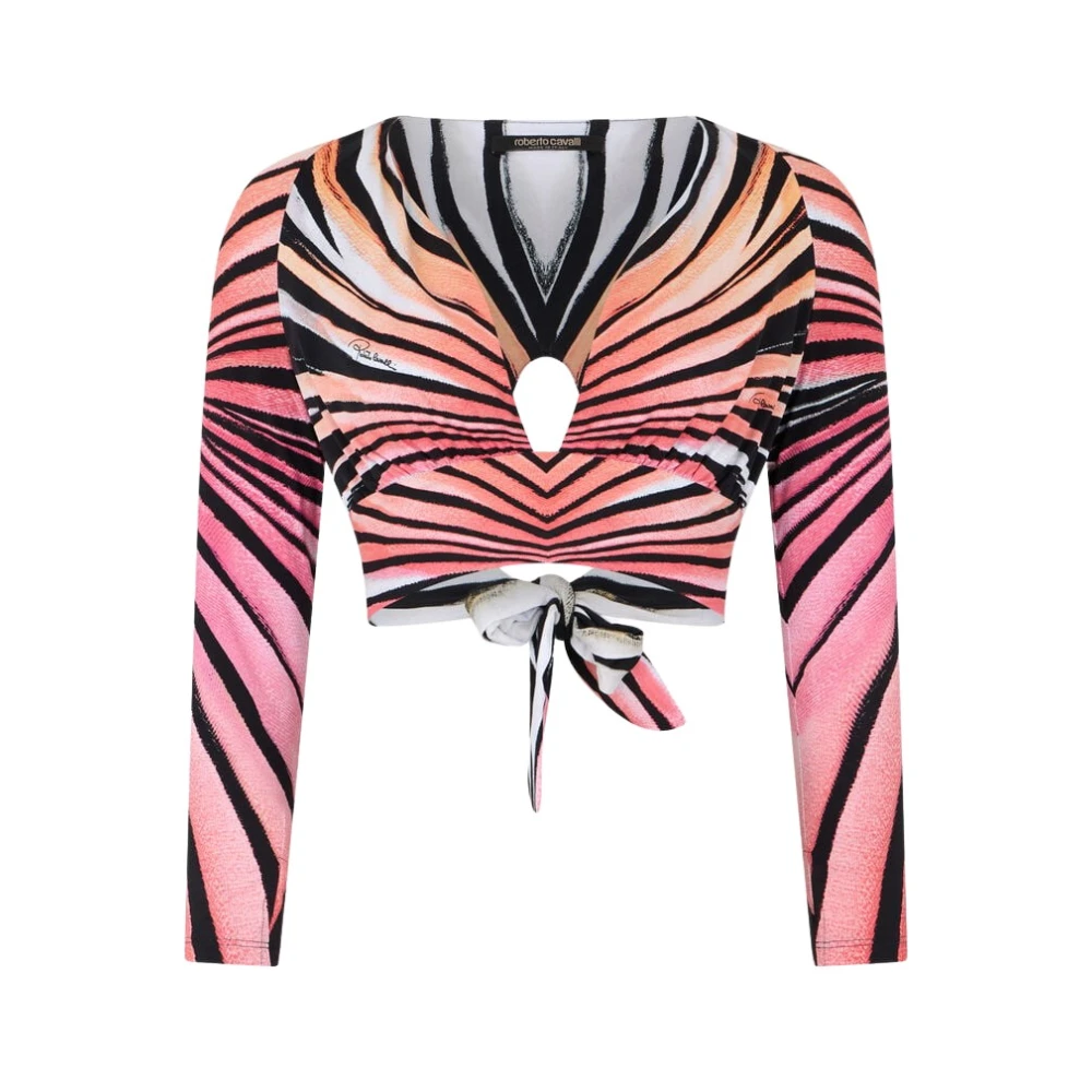 Roberto Cavalli Multicolor Ray Of Paradise Print Crop Top - Female - Long Sleeve T-Shirts - M - Tops
