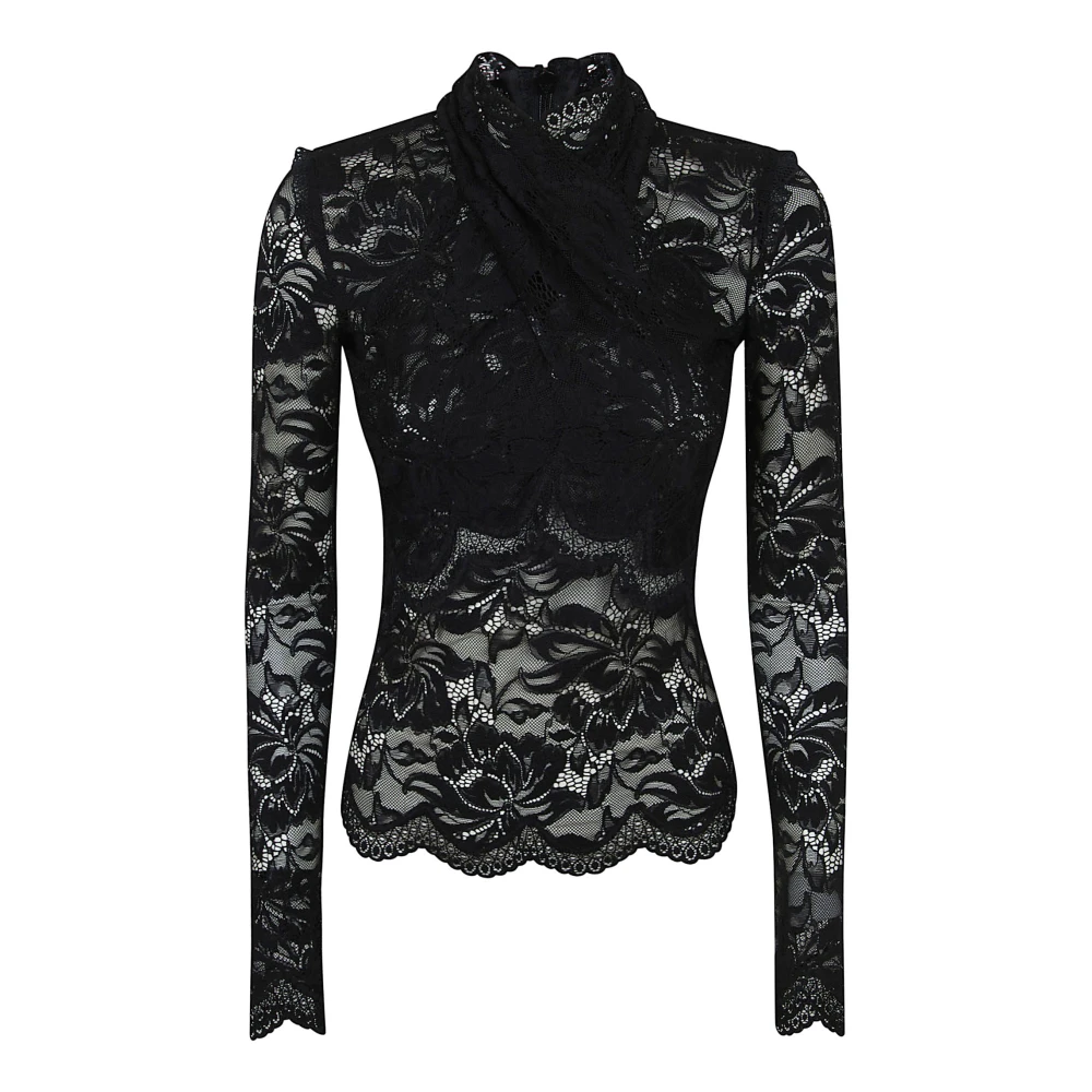 Rabanne Women's Black Blouses, M, Turtleneck Lace Top