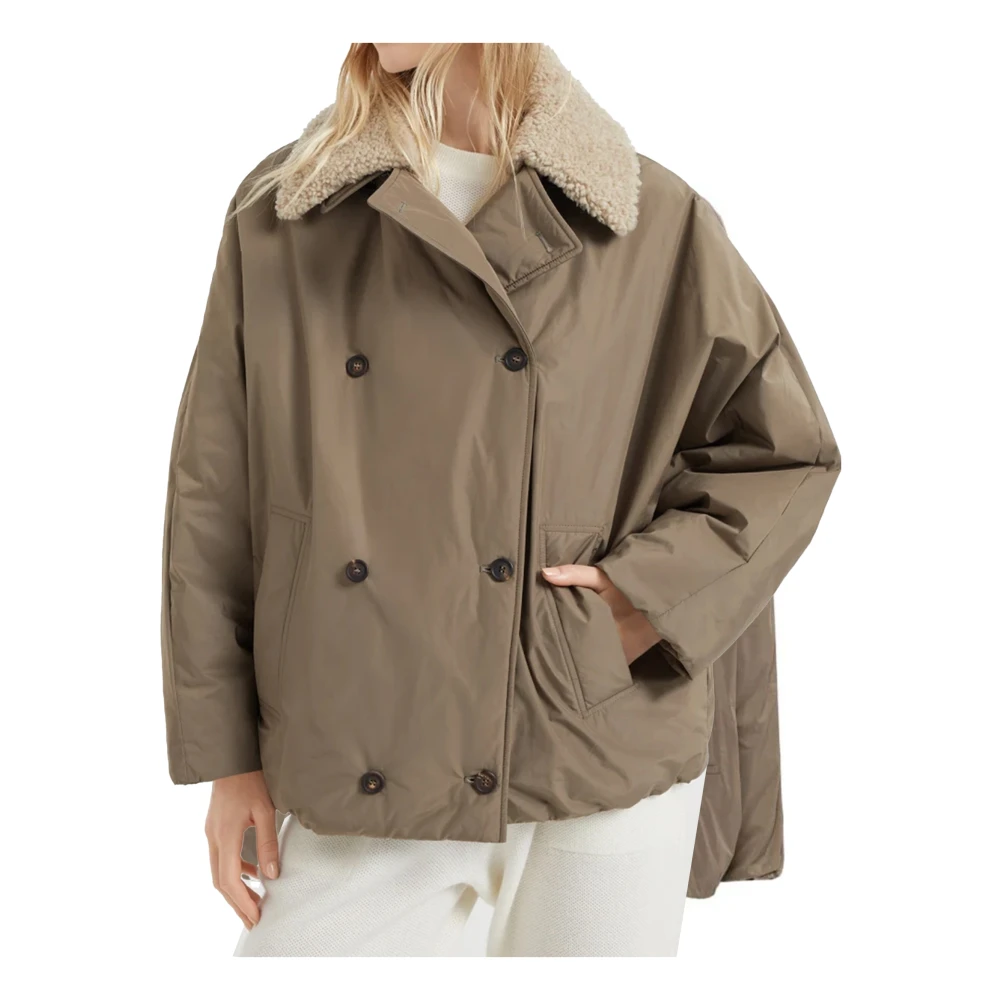 BRUNELLO CUCINELLI Bruin Beige Shearling Jas met Monile Detail Beige Dames