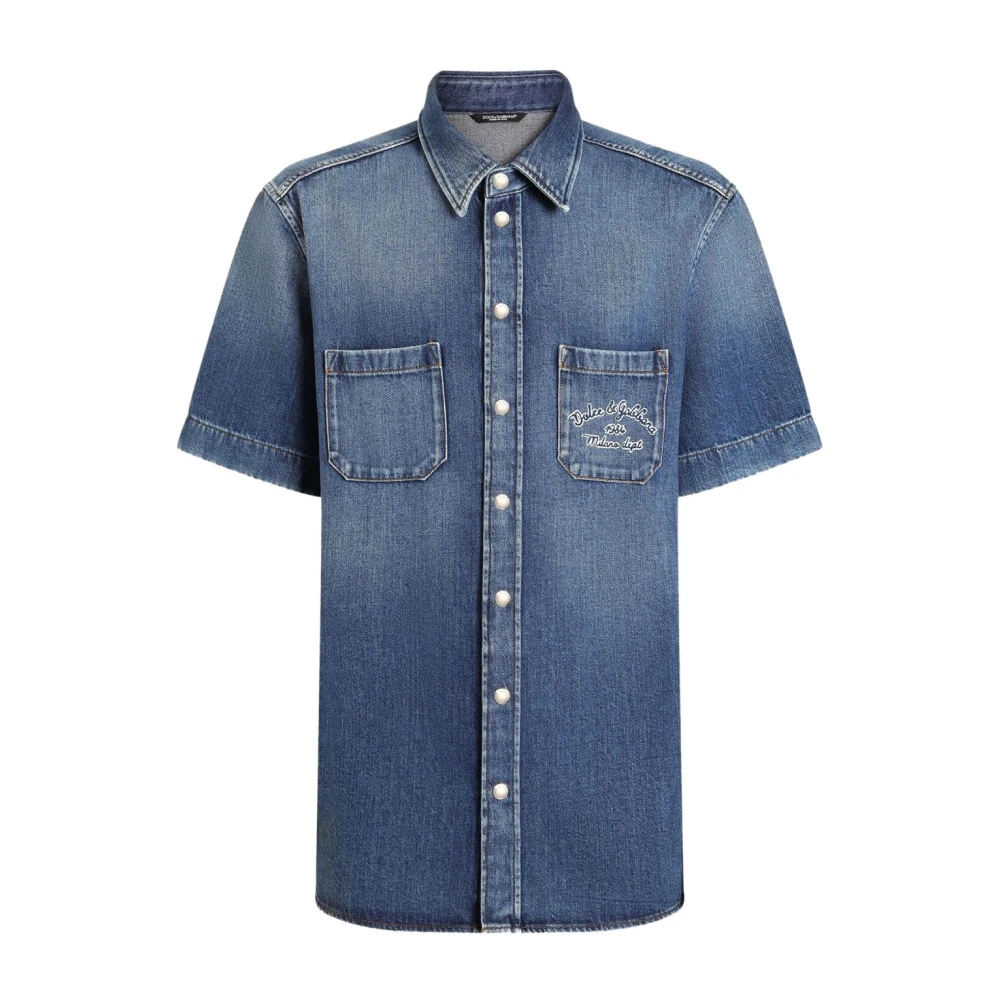 Dolce & Gabbana Blauw Voorknoopshirt Logo Print Blue Heren