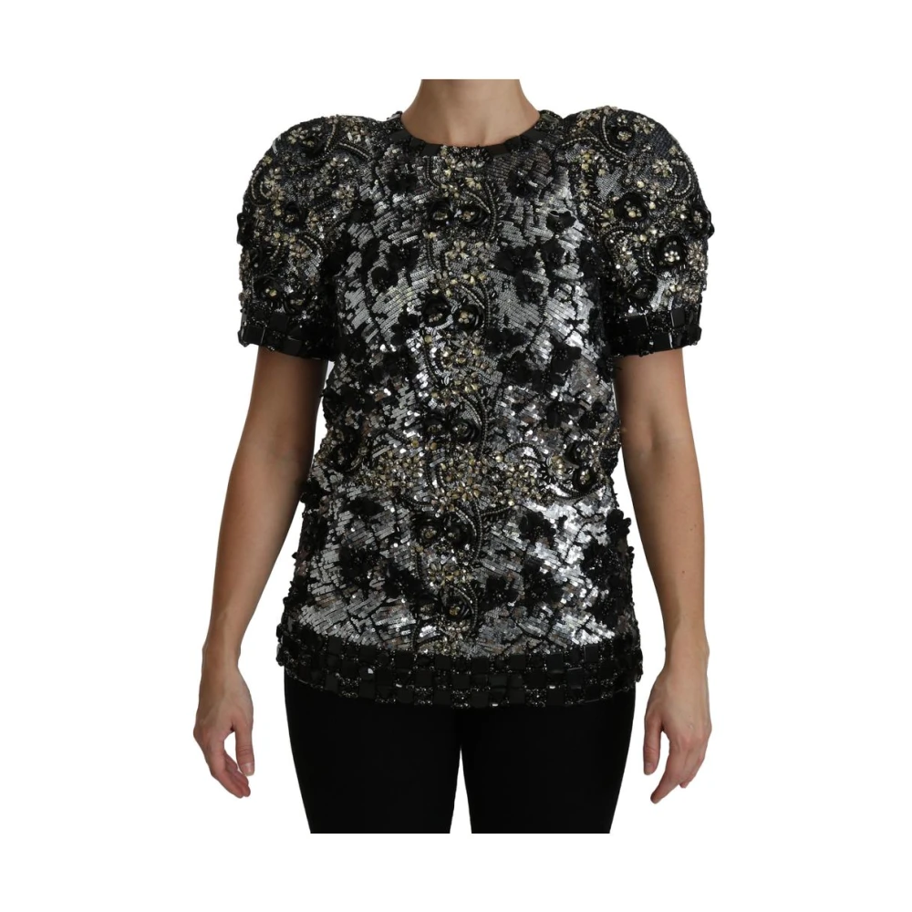 Dolce & Gabbana Women's Black Sequined Crystal Crew Neck Top 2XS